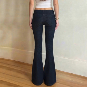 Y2K <b>vintage</b> low waist Napoleon button raw denim slim flared pants elegant fashion classic versatile long pants - Product Image 5