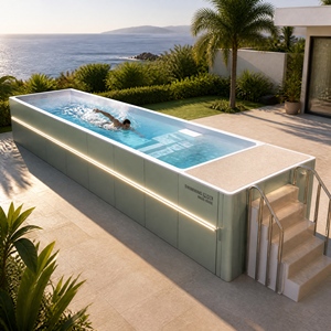 Piscine modulaire innovante en fibre de verre de 30 pieds avec système de jets à contre-courant à haut débit et terrasse en pierre lavée monobloc sans joint - Product Image 1