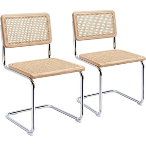 Fauteuil de salle à manger moderne en rotin et bois, style Cesca, avec revêtement en métal argenté, durable, pour la maison, le salon, structure en acier - Product Image 1