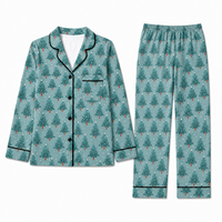 Pyjama personnalisé bleu-vert à col cranté motif sapin de Noël, ensemble en polyester et soie de lait, vêtements de nuit pour femme, POD, MOQ 1 pièce, Dropshipping