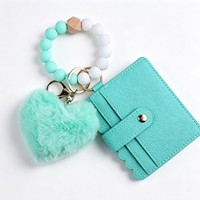 Porte-clés en cuir PU avec porte-cartes et fermoir mousqueton, motif cœur pompon en peluche et breloque boule de poils, avec portefeuille