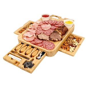 高級食品安全キッチン竹製シャルキュトリボード、ナイフセット付き、スナック、肉、大きなチーズ、前菜プラッタートレイ、チーズツール - Product Image 1
