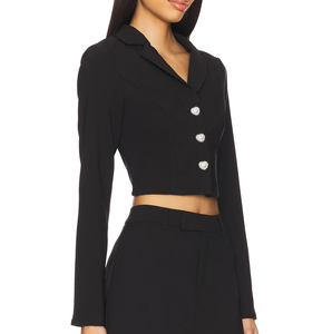 <span class=keywords><strong>Manteau</strong></span> de costume professionnel noir pour femme, coupe courte, avec boutons en forme de cœur ornés de strass et de perles, col à revers cranté, manches longues, tendance - Product Image 2