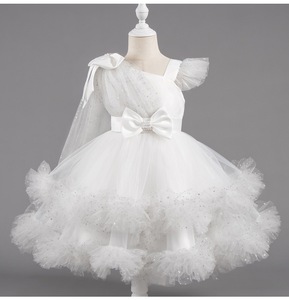Robe de demoiselle d'honneur élégante et formelle, style princesse, coupe trapèze, unie, avec nœud, manches à volants carrés, longue traîne, 7 ans, pour anniversaire, <span class=keywords><strong>mariage</strong></span>, mignonne - Product Image 4