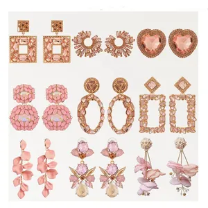 Kaimei 100 Designs Elegant Pink Crystal Cotton Dangle Earrings For Women Girl 2022 Luxury Flower Cross Geometric Drop Earrings