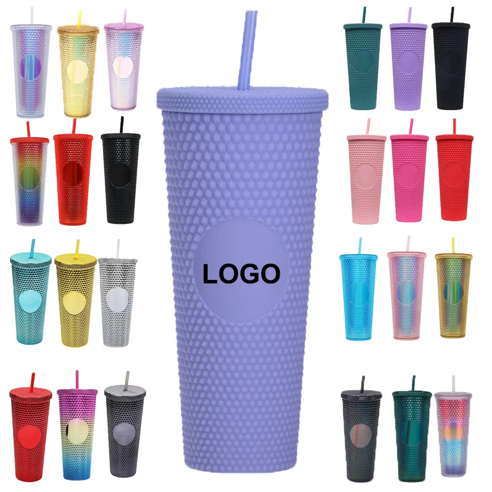 Yeniden taşınabilir özel Logo plastik bardak bardak BPA ücretsiz 24oz çift duvar toplu çivili Tumbler kapaklı ve saman