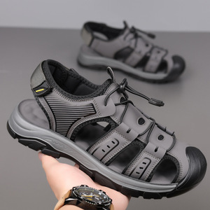 รองเท้าแตะกลางแจ้งผู้ชายระบายอากาศได้ดี ปิดนิ้วเท้า ส้นแบน ปิดด้วยเวลโคร สีเขียว ดำ เทา สีพื้น สำหรับเดินป่า ชายหาด ลำลอง ฤดูร้อน - Product Image 2