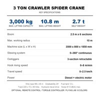 Mini-grue araignée sur chenilles de 3 tonnes, personnalisée, avec carrosserie thermolaquée, moteur de marque, pour levage en espace étroit, certifiée CE ISO