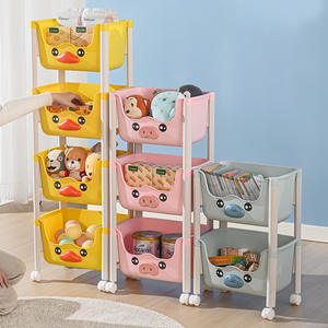 만화 귀여운 플라스틱 바닥형 수납 선반 이동식 소형 카트 어린이 장난감 및 간식 보관용 - Product Image 1