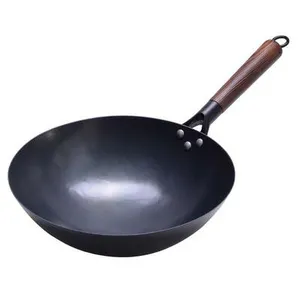 Cinese martellato a mano arrosto blu processo rotondo in acciaio al carbonio grande Wok Pan con manico in legno