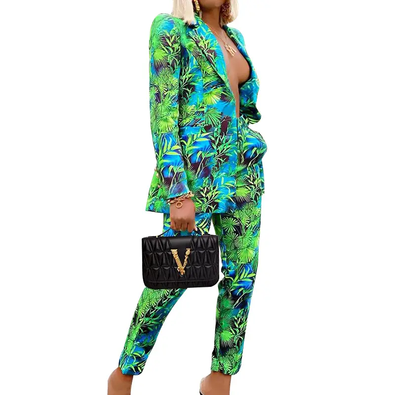 New Autumn 2020 Female Two PieceTemperamental Blazer Pants Sets Pint Floral Hot Seller Casual 2 Piece Set