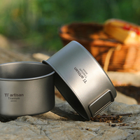 Peralatan Masak Titanium Silver Stacking Pot dengan Pegangan Lipat, Mangkuk Dinding Tunggal Kapasitas 450/550ml untuk Memasak di Luar Ruangan saat Berkemah