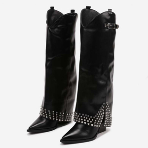Women Metal Studs Knee High <b>Boots</b> Cowboy Overlay Long Booties Ladies Western Style Chunky Wedge Heels Suede <b>Pants</b> Shoes - Product Image 3