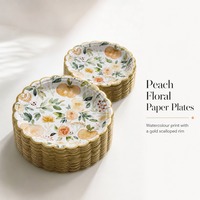 Assiettes en papier à motif floral pêche, bord festonné doré aquarelle, assiettes rondes jetables pour fête