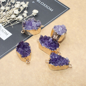 2024 Wholesale Women's Natural Amethyst Double-Hole <strong>Charm</strong> Pendant Necklace European American Exaggerated Oval <strong>Tooth</strong> Stone - Product Image 3