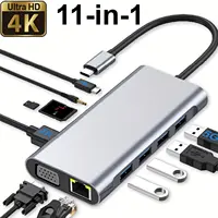 Adaptador HUB 11 en 1, 4K, VGA, Tipo C, PD, USB 3.0, RJ45, Ethernet, Lector de Tarjetas SD/TF, Base de Conexión Compatible con Laptop