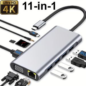 Adaptador HUB 11 en 1, 4K, <span class=keywords><strong>VGA</strong></span>, Tipo <span class=keywords><strong>C</strong></span>, PD, USB 3.0, RJ45, Ethernet, Lector de Tarjetas SD/TF, Base de Conexión Compatible con Laptop - Product Image 1