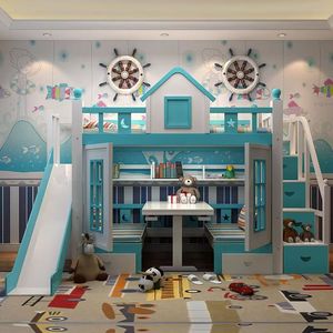 Lit superposé en bois pour enfant, design <span class=keywords><strong>château</strong></span> européen, avec toboggan et escalier, modèle 2026, lit mezzanine - Product Image 3