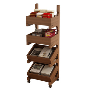 Bona Gold Square Solid Wood Multi Layer Storage Rack With Wheels <b>Rustic</b> Style Floor Standing Organizer For Home Office <b>Desk</b> Toy - Product Image 5