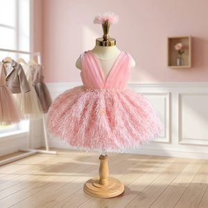 Vestido de Tul Ligero y Transpirable para Niña, Estilo Princesa Rosa, para Boda, Dama de Honor o Damita de las Flores, con Lentejuelas y Plumas - Product Image 3