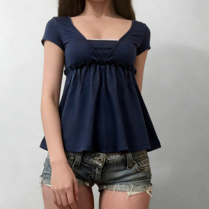 Loose A-Line <b>Patchwork</b> Short Sleeve T-Shirt Sweet Girly Style Youthful Solid Color Minimalist Fashion Versatile <b>Top</b> - Product Image 3