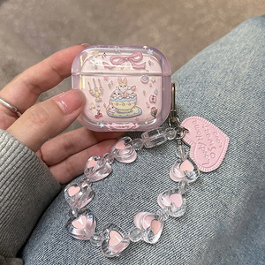Adecuado para AirPods Pro 2nd Gen 2nd y 3rd Gen Transparente Cute Teacup Bunny con colgante de corazón Funda protectora para auriculares - Product Image 3