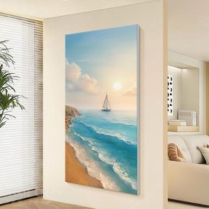 Hand Painted Oil Painting Seascape Mural 3D Effect Sunrise Beach Scene Wall <b>Art</b> For Hallway Entryway Decor Unframed - Product Image 2