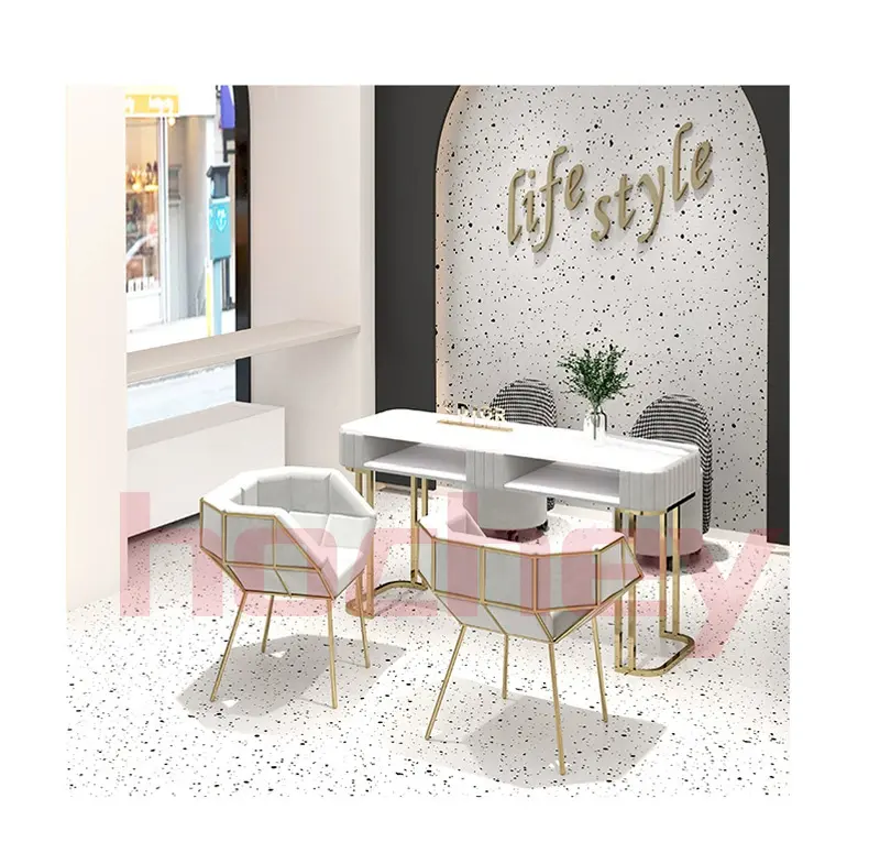Hochey High Quality Polish Desk Marble Top Light Luxury Pink Double Nail Care Desk Pink Nail Care Desk Pedicure Manicure Chair