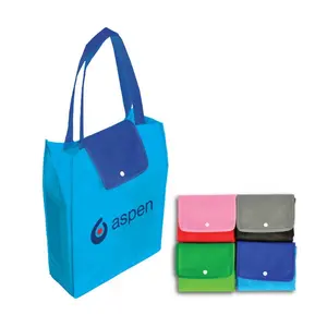 Promotional foldable non woven material reusable shopping tote bag top with plastic button