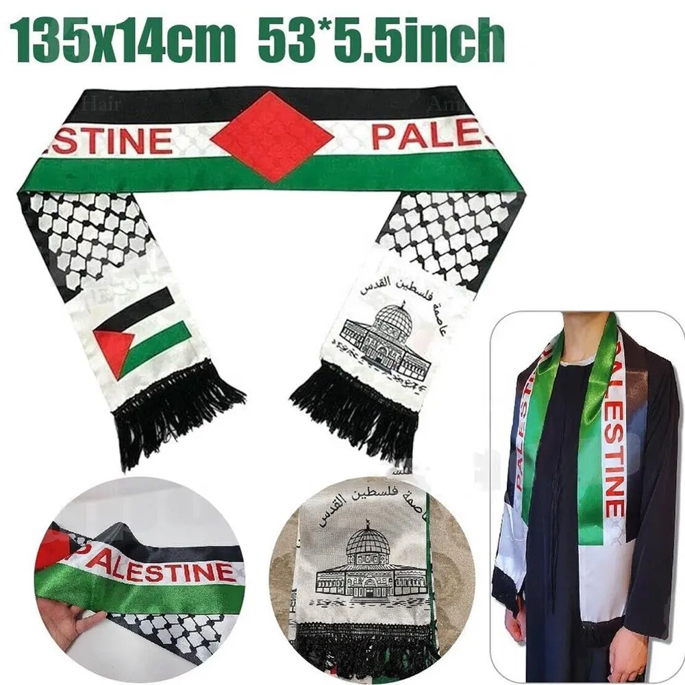 Cheap 14x135cm Palestinian Prayer Ethnic Scarves Shawls Custom Logo Silk Satin Scarf Flag Products Football Fans Palestine Scarf