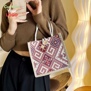 Bolsa de Almuerzo de Lona Estilo Étnico para Mujer, Bolso Tejido a Rayas, Bolsa de Mano Portátil Tipo Bento para Oficina, Picnic al Aire Libre - Product Image 2