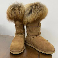 Bottes d'hiver unisexes en cuir véritable et fourrure de renard avec doublure en cuir véritable, semelle intérieure en EVA, imperméables