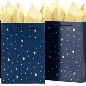 Sacs en papier kraft personnalisés SIHENY bleu marine avec étoiles dorées, avec poignées, en gros pour hommes, garçons d'honneur, cadeaux de Noël - Product Image 1