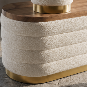 Modern Luxury Boucl&eacute; Pleated Stool Set with Wood Top Round Ribbed Ottoman Gold Base Long <strong>Bench</strong> for Living Room Bedroom Furniture - Product Image 4