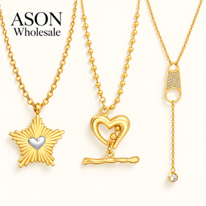 Ensemble de colliers en acier inoxydable plaqué or 18 carats, pendentif étoile cœur avec fermoir OT, étanche et inaltérable - Product Image 1