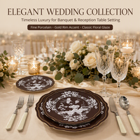 Assiettes de Présentation en Porcelaine Marron Espresso, Ensemble de 6,5, 8, 10,5 et 12 Pouces, Bord Doré Festonné, pour Location de Vaisselle de Mariage et Banquet d'Automne