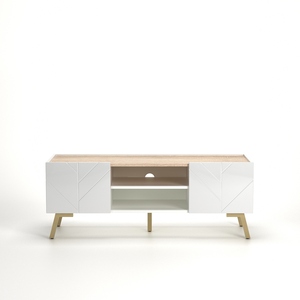 Meuble TV moderne blanc brillant avec finition imitation bois et pieds en métal doré pour salon - Product Image 5
