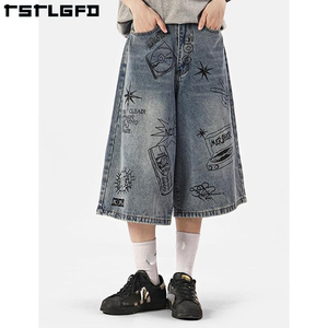 กางเกงยีนส์ขาสั้นทรงวินเทจ Y2K เอวกลาง แต่งกระดุม ผลิตจากผ้าถักที่เป็นมิตรกับสิ่งแวดล้อม สำหรับผู้ชาย - สามารถปรับแต่งได้ ทรงหลวม ขากว้าง ลุคซักฟอก - Product Image 3