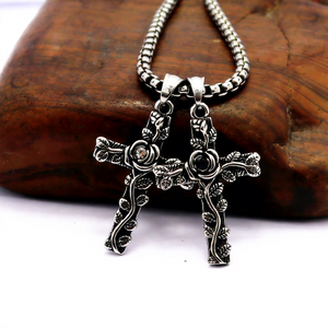 Yunnique Rose Relief <b>Cross</b> Pendant Necklace Stainless Steel Vintage Link <b>Chain</b> Unisex Fashion Jewelry - Product Image 5