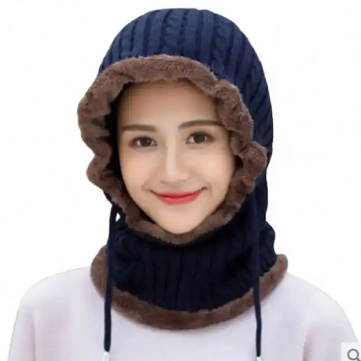 K01 Soft Thicken Wool Ski Hat Men women ear Neck protection Warm Winter Wool Women Men Beanie Knitted Cap Scarf Sets