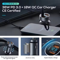 Pengisi Daya Mobil TKT 38W dari Aluminium Alloy dengan Pengisian Cepat PD 5V/3A Lampu LED untuk Port USB-C Ponsel Tablet Kit Mobil Adaptor Perjalanan