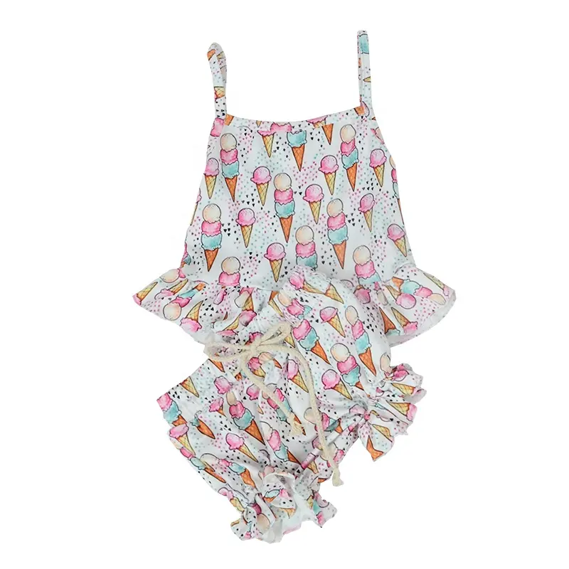 Latest customization girl Shoulder strap printed t shirt + print shorts girl Summer set girl Lotus leaf edge Suit Fine children