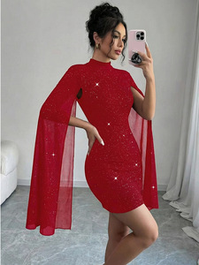 Robe midi élégante pour femme, col montant, manches en mousseline de soie, brillante et magnifique, pour le printemps et l'été, taille haute, strass - Product Image 5