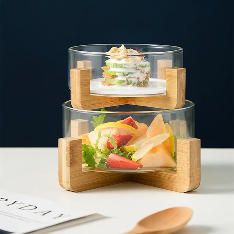 Atacado Transparente boca-blown 15 centímetros 6 polegadas Grande tigela de vidro de borosilicato com Destacável base de madeira para Salada, frutas