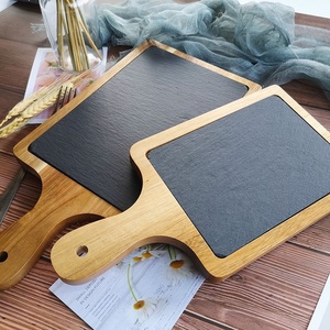 다기능 식품 트레이 주방 도구 나무 피자 플래터 손잡이와 함께 슬레이트 스퀘어 치즈 도마 - Product Image 4