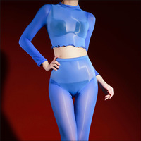 Ensemble de bodystocking 2 pièces brillant effet huile pour femmes |   Haut à manches longues / à cinq doigts + Collants à entrejambe ouvert et fermé |   Sexy Glossy Full B