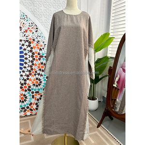 Habib dos tonos deshilachado poliéster Lino Abaya mujeres musulmanas vestido al por mayor ropa musulmana tradicional - Product Image 3