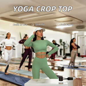 Ensemble de vêtements de sport pour femmes, haut court à manches longues vert avec détail croisé sur le devant, leggings taille haute, pour le yoga et les entraînements - Product Image 2