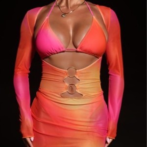 Vestido ajustado plisado de manga larga con cuello en V y lazo, sexy y con aberturas, para comercio transfronterizo de moda femenina - Product Image 2