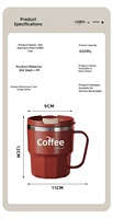Tasses isothermes créatives portables en acier inoxydable 304 de 400 ml (14 oz) avec couvercle et poignée, anti-fuite, sans BPA, pour eau, café, lait, bureau